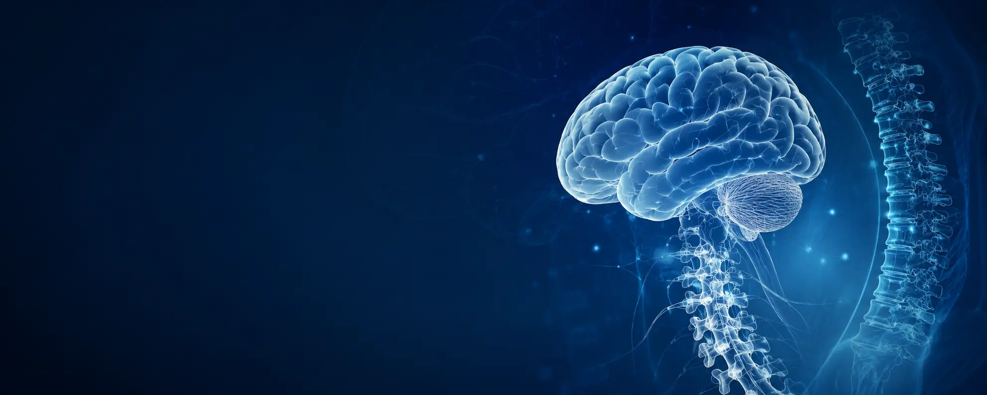 Blue medical illustration of the brain and spine
